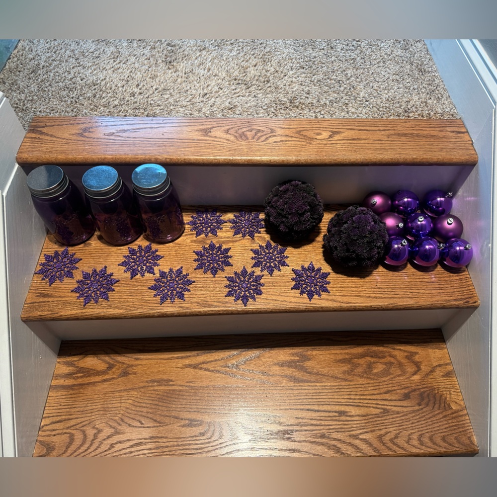 Purple ornaments, mason jars & topiary balls